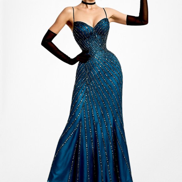 Vintage Blue Beaded Fit Flared Mesh Maxi Formal Prom Dress Size XS - Picture 1 of 11